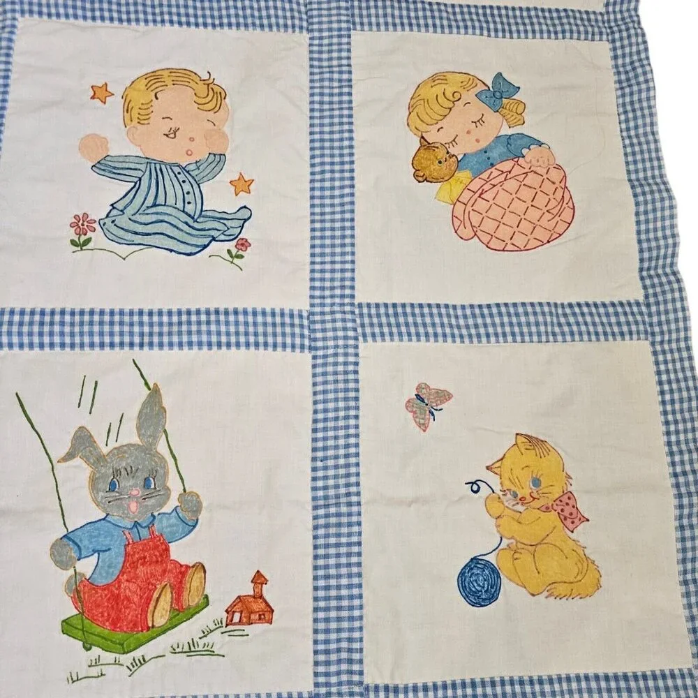 Vintage 70s Baby Quilt Kitschy Handpainted Animals Patchwork Blue‎ 41 X 51 Blue